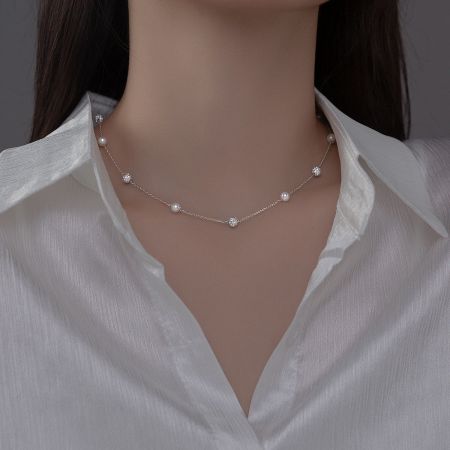 925 Silver Synthetic Pearl & CZ Tassel Y-Drop Choker Necklace Set - A model showcasing the elegant 925 sterling silver Y-drop choker necklace, highlighting its beautiful synthetic pearls and sparkling CZ stones.