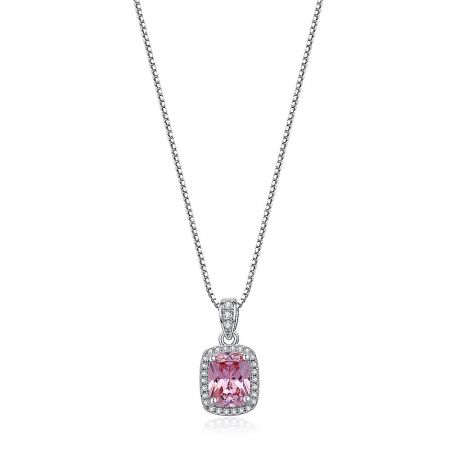 Pink Pendant Necklace Choker - Front view of the Pink Pendant Necklace Choker, highlighting the vibrant pink cubic zirconia stone and the polished rhodium-plated finish.