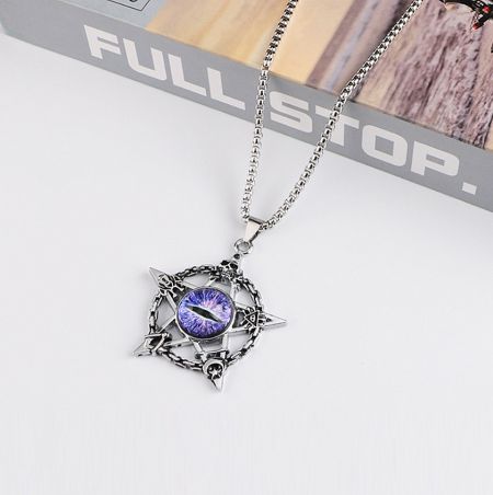 Alternative design of the evil eye necklace featuring a purple eye pendant on a silver chain.