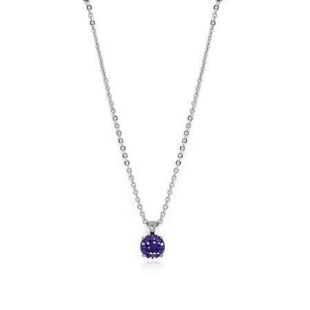 Classic Solitaire Prongs Set Purple CZ Necklace - A classic solitaire necklace featuring a brilliant purple cubic zirconia pendant on a rhodium-plated chain, displayed on a neutral background.