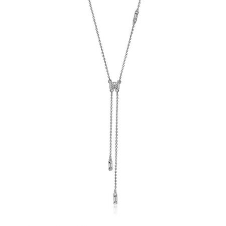 Detailed view of the Silver Mini CZ Stone Drop Necklace, highlighting the two-strand chain design.
