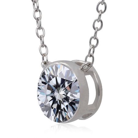 Close-up view of the sparkling round cubic zirconia pendant on the classic solitaire necklace.