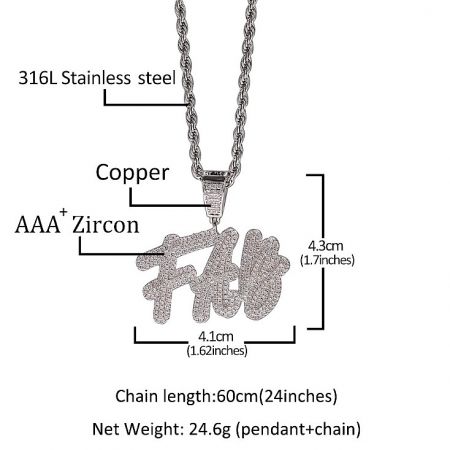 Close-up of a custom silver necklace with a sparkling AAA+ Zircon pendant, an example of hip-hop jewelry customization.