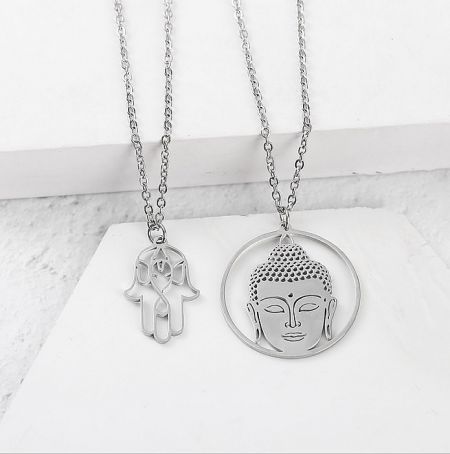 Custom Spiritual God Gautam Buddha Hand Of Hamsa Pendant - Custom spiritual pendants by JR Fashion Accessories, featuring a silver Hamsa hand and a Gautam Buddha head necklace, showcasing customization options.