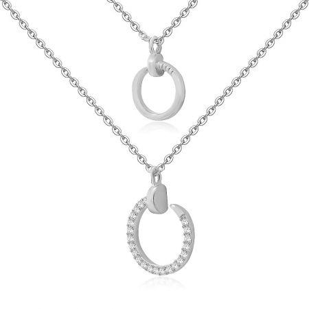 Another perspective of the wholesale layered circle pendant necklace, highlighting its dual-chain design.