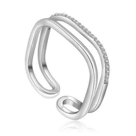 A polished rhodium-plated bracelet with a curved design, showcasing inset cubic zirconia stones.