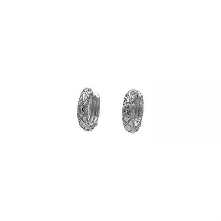 925 Sterling Silver Platinum Plated Classic Quilted Hoop Earrings (5 Pairs) - A close-up view of the 925 sterling silver classic quilted hoop earrings, showcasing their intricate textured pattern and platinum plated finish.