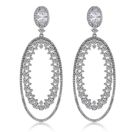 Red Carpet Earring - Front view of the Red Carpet Earring (BEQ05-R-Z-00090), featuring a two-part oval design in rhodium-plated brass, fully encrusted with brilliant white cubic zirconia stones.