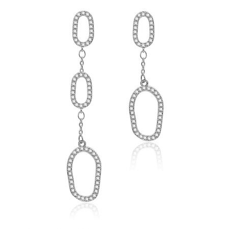 Asymmetrical Irregular Oval Drop Earrings - A pair of Asymmetrical Irregular Oval Drop Earrings made from rhodium-plated brass, featuring interlocking oval links encrusted with sparkling cubic zirconia stones.