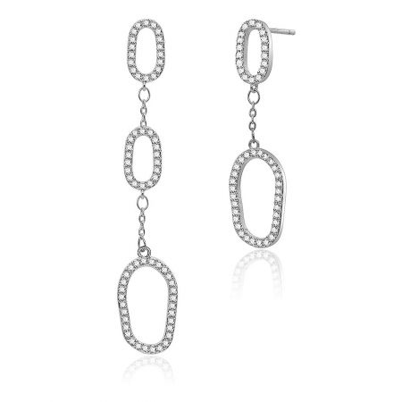 Side profile of the asymmetrical oval earrings, highlighting their unique drop and dangle design.