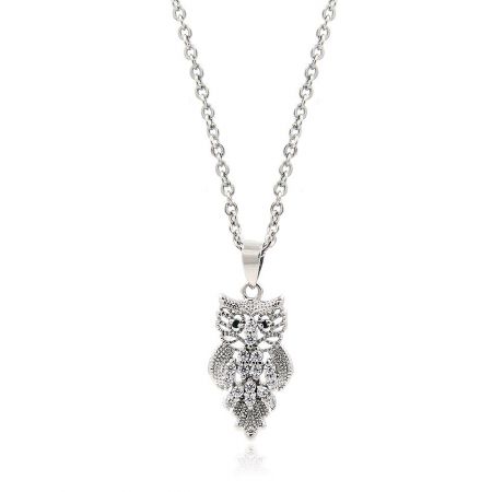 CZ Antique Pendant Owls Necklace - A detailed silver owl pendant necklace featuring sparkling cubic zirconia stones, set against a clean white background.