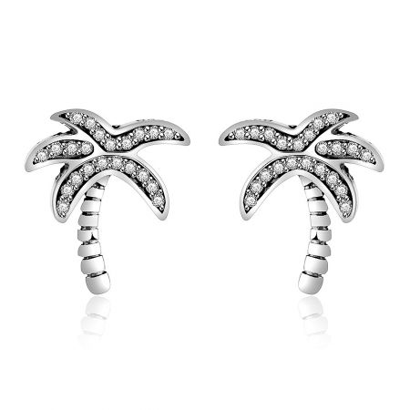 Silver Breezy Palm Earring - A pair of Silver Breezy Palm stud earrings in 925 sterling silver, featuring a detailed palm leaf design adorned with sparkling white cubic zirconia stones.
