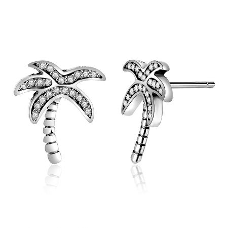 Close-up shot of the Silver Breezy Palm earrings, highlighting the oxidized silver finish and brilliant stones.