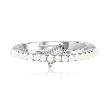 The High Up Line Pearl CZ Ring worn to display its elegant design and fit.