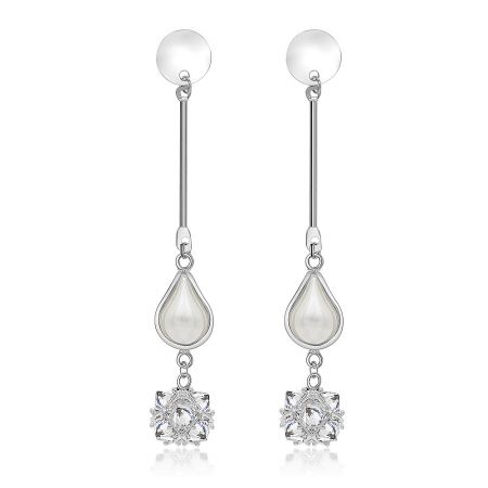 Teardrop of Pearls Earring - A pair of Teardrop of Pearls Earrings, featuring a rhodium-plated brass design with white cubic zirconia and a dangling teardrop pearl.