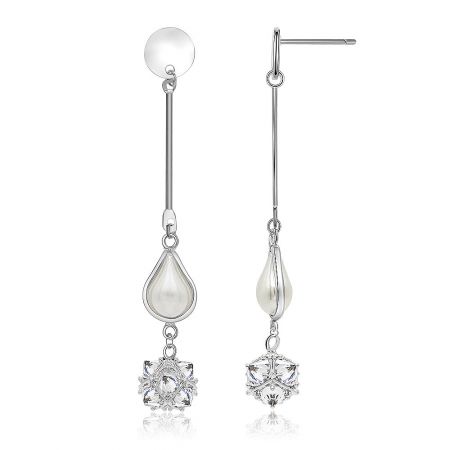 Side view of the Teardrop of Pearls Earring, showcasing its long, slender design with multiple crystal and pearl components.