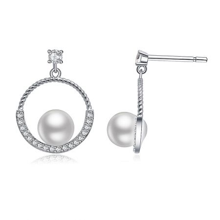 A pair of Halo Pearl CZ Drop Earrings displayed on a clean white background, highlighting their brilliant shine and elegant design.