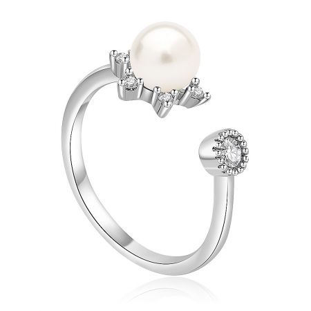 Side view of the adjustable pearl and crystal sun ring, showcasing the delicate band and setting.