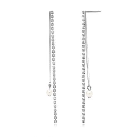 Side profile of the silver pearl drop earrings, displaying their elegant length and the secure post closure.