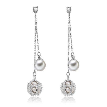 Chandelier Pearls Dangling Earrings - Elegant chandelier pearl dangling earrings with a crystal pendant and white stones, style BEQ07-R-ZP-00580.