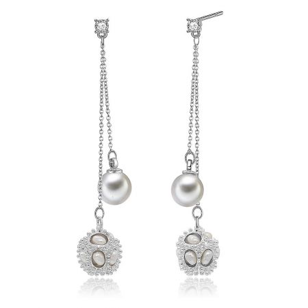 Side profile of the silver pearl earrings, highlighting the dangle design and intricate details of the decorative pendant.
