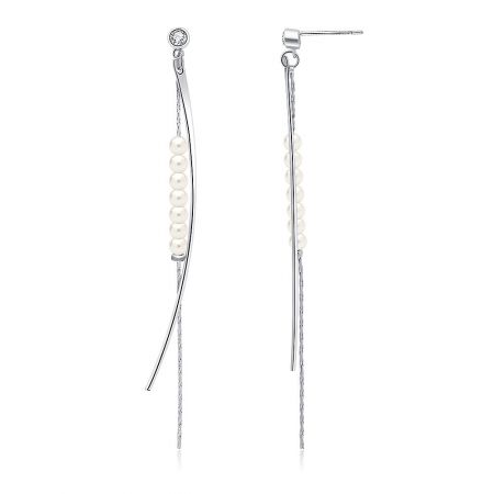 Side view of the long, pearl-studded Multi Chain Pearl Drop Earrings, showcasing the chain detail.