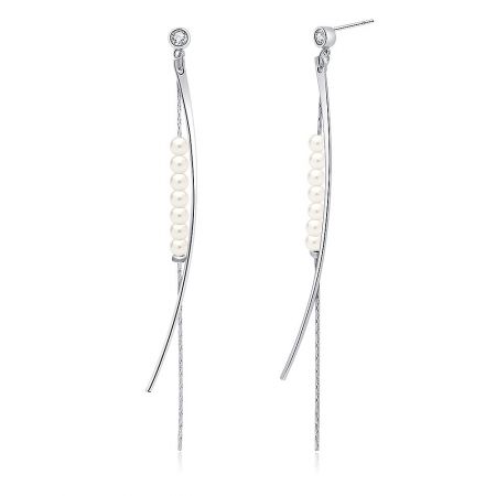 Close-up detail of the Multi Chain Pearl Drop Earrings, highlighting the curved dangling design and the cubic zirconia post.