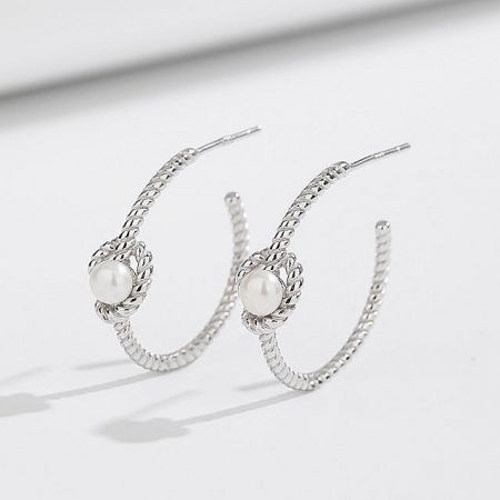 925 Sterling Silver Pearl Knot Rope C-Shaped Stud Earrings (5 Pairs) - A pair of 925 sterling silver pearl knot rope C-shaped stud earrings on a clean white background.