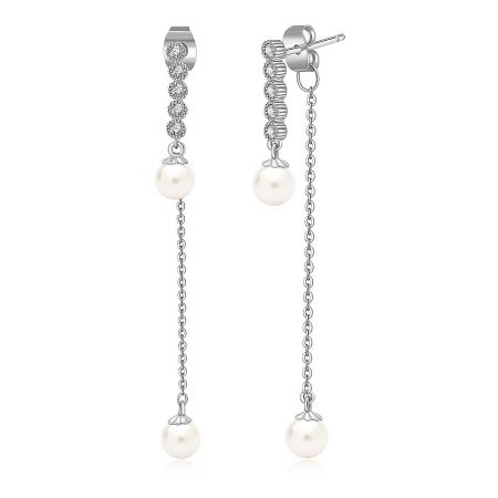 Detailed shot of the long pearl dangle jackets with post-back closure, highlighting the delicate chain and pearl details.