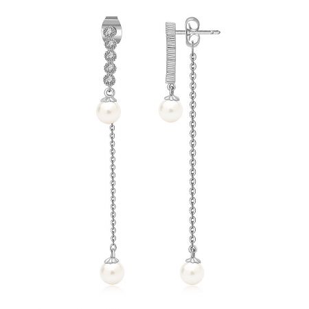 Close-up view of the versatile pearl dangle earrings showcasing the brilliant cubic zirconia accents.