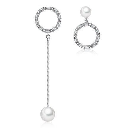 Asymmetry Drop Danglers - A pair of Asymmetry Drop Danglers earrings made of rhodium-plated brass, featuring a modern design with white cubic zirconia and glass pearls.