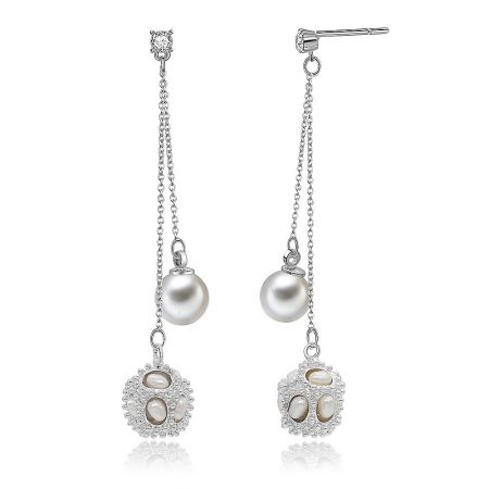Detailed view of the chandelier pearl earrings showcasing the silver metal chain, clear gemstones, and circular pendant.