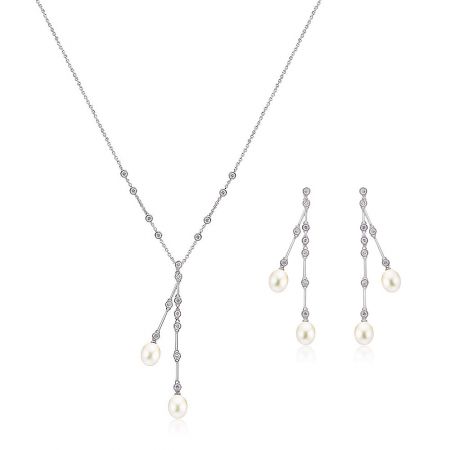 Wholesale Pearl Bridal Jewelry Set - Wholesale Pearl Bridal Jewelry Set JRS-005, showcasing a rhodium-plated necklace and stud earrings adorned with elegant pearls and sparkling cubic zirconia.