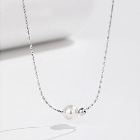 925 Sterling Silver Bead and Pearl Snake Bone Chain Necklace (Set of 5) - Elegant 925 sterling silver snake bone chain necklace featuring a lustrous white pearl and a delicate silver bead, on a clean white background.