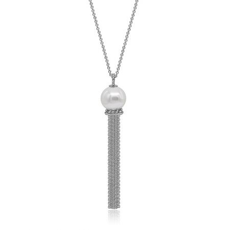 A close-up view of the luxurious Dangle Pearl Tassel Long Necklace, highlighting the intricate details of the pearl and tassel pendant.