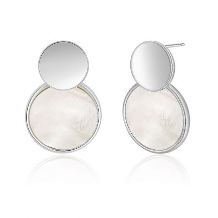 Front view of the silver pearlescent circle earrings, highlighting the smooth top circle and textured bottom disc.