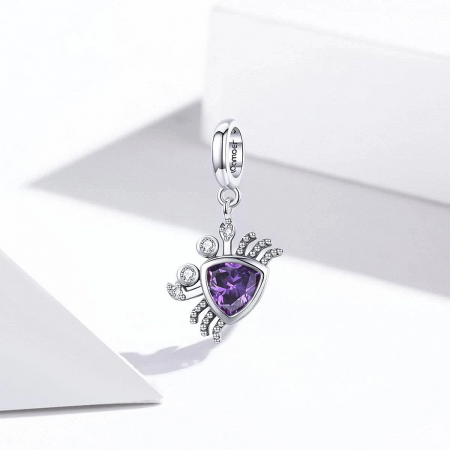 925 Sterling Silver Ocean Sea Crab Purple Dangle Charm Pendant Set - A detailed close-up of a 925 sterling silver crab-shaped charm pendant with a central purple bead, showcasing its intricate design and craftsmanship.