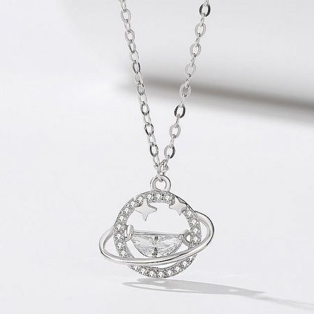 925 Sterling Silver Star Universe Planet Pendant Necklace Set of 5 - A detailed 925 sterling silver necklace featuring an intricate planet-themed pendant with a central gemstone, representing the star and universe collection.