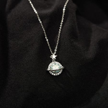 The 925 sterling silver planet-inspired pendant with clear gemstones and a star accent.