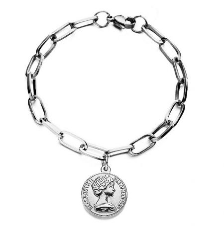 Silver plated version of the stainless steel charm bracelet with a Queen Elizabeth II coin.