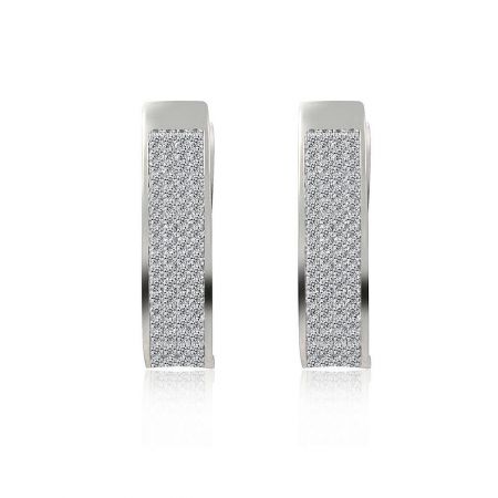 Large Oval CZ Huggie Earrings - A pair of Large Oval CZ Huggie earrings, featuring a rectangular shape and a surface fully studded with sparkling cubic zirconia stones.