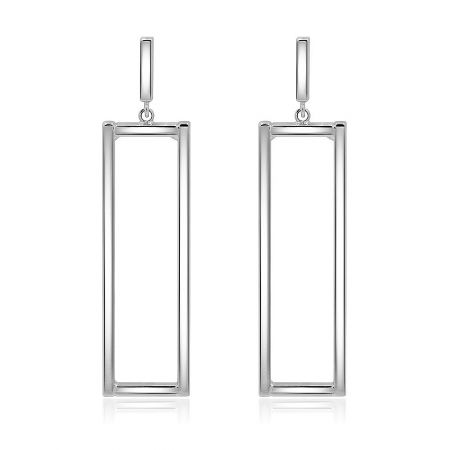 Polished Rhodium Rectangle Long Earrings - A pair of polished rhodium rectangle long earrings with a minimalist, geometric frame design, displayed on a white background.