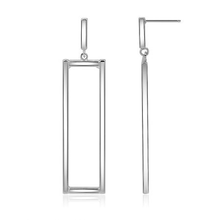 Side view of the polished rhodium rectangle long earrings showing the post closure and sleek profile.