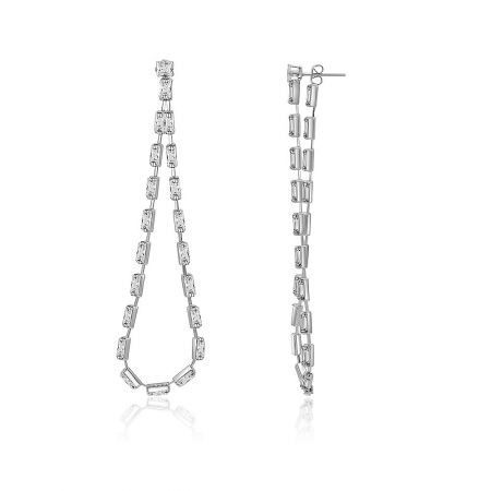 Two different angles of the Sweet Double Row CZ Dangle Earrings, highlighting the intricate arrangement of small, rectangular clear stones.