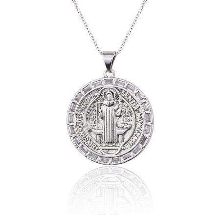 Detailed silver religious medal pendant depicting a saintly figure.