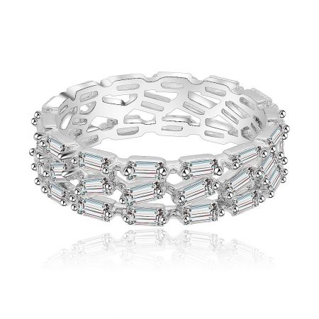 Baguette Morganite Band Ring - Front view of the Baguette Morganite Band Ring, showcasing the prong-set baguette-cut cubic zirconia stones on a rhodium-plated brass band.