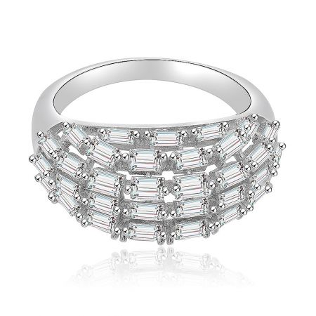 Dome Shape Baguette Morganite Ring - Front view of the Dome Shape Baguette Morganite Ring, showcasing its rhodium-plated finish and intricate filigree detailing with clear cubic zirconia stones.