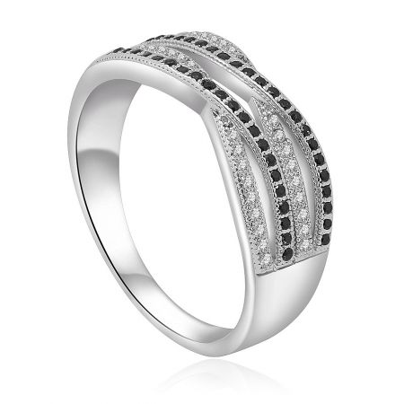 Side view of the criss-cross ring highlighting the contrast between the jet black and brilliant white cubic zirconia stones.