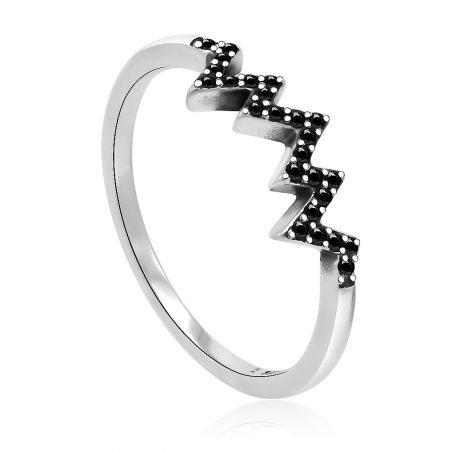 Detailed view of the silver ring with a black gemstone zigzag design on a white background.