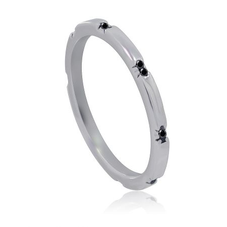 Black CZ Band Ring - Close-up of the Black CZ Band Ring, a rhodium-plated brass ring featuring eight small black cubic zirconia stones.